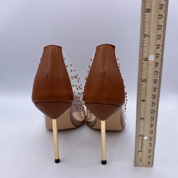 FSJ Brown Studded Pointed Toe Transparent Pumps - Picture 7 of 9